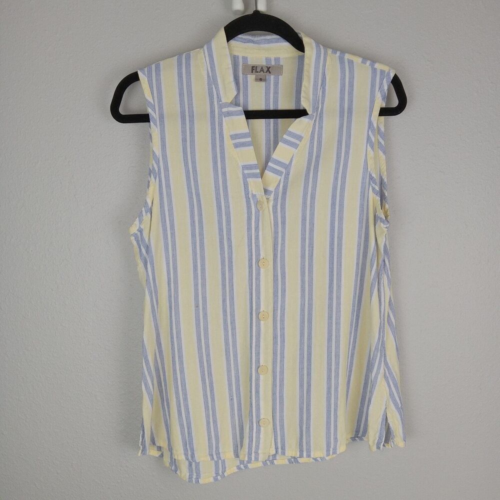 FLAX Linen Striped Sleeveless Button Up Shirt Top Collared Split Neck Yellow S